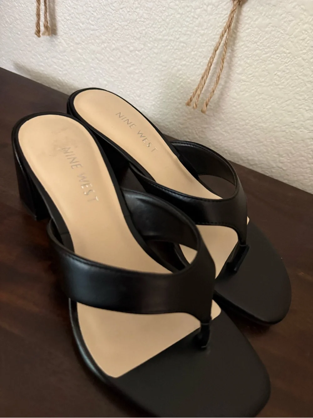 Nine West Black Leather Heel Thong Sandals